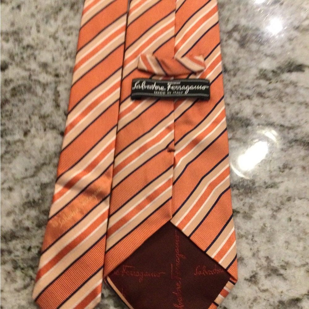 Salvatore Ferragamo Orange, Cream & Navy Diagonal Stripe Silk Tie